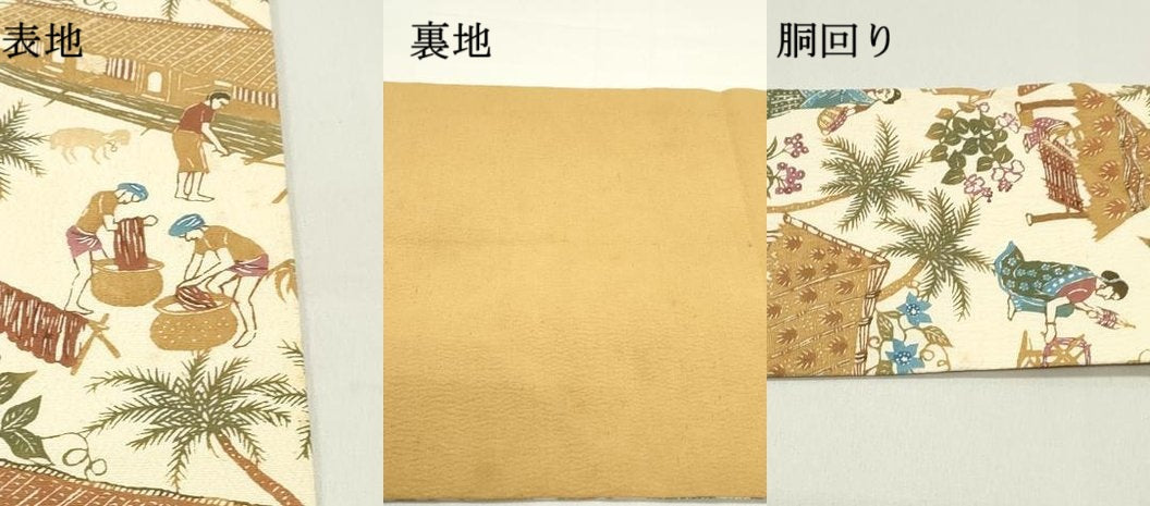 平和屋着物●全通柄九寸名古屋帯　型染め　風景人物花文　お召縮緬　正絹　逸品　DAAZ3017ob