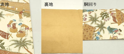 平和屋着物●全通柄九寸名古屋帯　型染め　風景人物花文　お召縮緬　正絹　逸品　DAAZ3017ob
