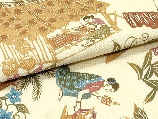 平和屋着物●全通柄九寸名古屋帯　型染め　風景人物花文　お召縮緬　正絹　逸品　DAAZ3017ob