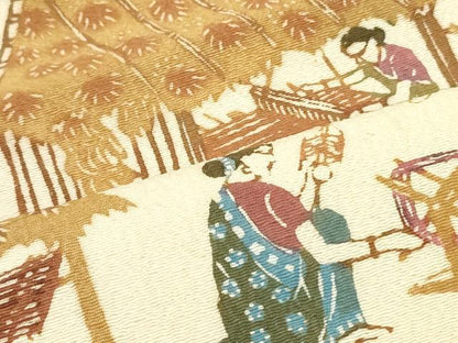 平和屋着物●全通柄九寸名古屋帯　型染め　風景人物花文　お召縮緬　正絹　逸品　DAAZ3017ob