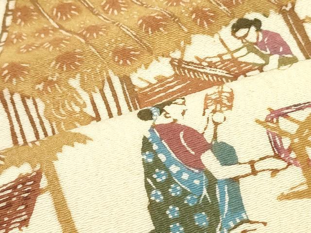 平和屋着物●全通柄九寸名古屋帯　型染め　風景人物花文　お召縮緬　正絹　逸品　DAAZ3017ob