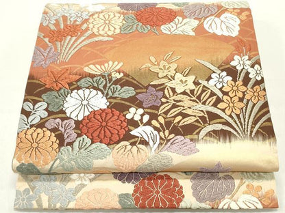 平和屋着物▼六通柄袋帯 唐織 地紙草花文 金糸 正絹 逸品 DAAZ3019ob