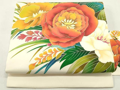 平和屋着物●塩瀬 九寸名古屋帯 型染め 草花文 金彩 正絹 逸品 DAAZ3050ob
