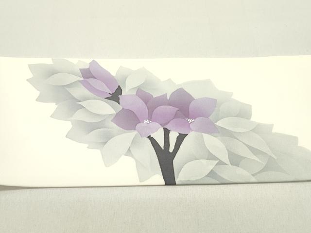 平和屋着物●塩瀬　九寸名古屋帯　作家者　ろうけつ染め　草花文　銀彩　正絹　逸品　DAAZ3052ob
