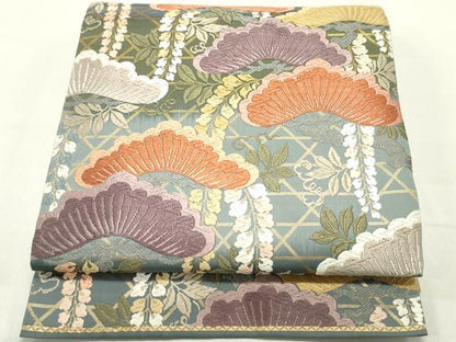 平和屋着物●六通柄袋帯　唐織　枝垂れ藤松葉文　金糸　正絹　逸品　DAAZ3086ob