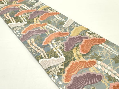 平和屋着物●六通柄袋帯　唐織　枝垂れ藤松葉文　金糸　正絹　逸品　DAAZ3086ob