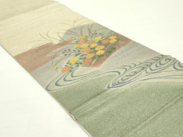平和屋着物●木版作家　井堂雅夫　太鼓柄袋帯　刺繍　籬流水草花文　引箔　正絹　逸品　DAAZ3088ob