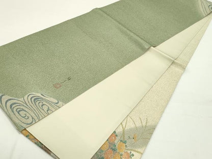 平和屋着物●木版作家　井堂雅夫　太鼓柄袋帯　刺繍　籬流水草花文　引箔　正絹　逸品　DAAZ3088ob