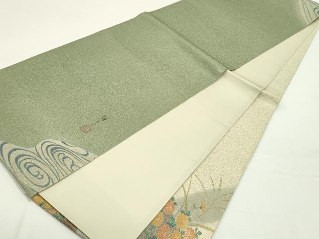 平和屋着物●木版作家　井堂雅夫　太鼓柄袋帯　刺繍　籬流水草花文　引箔　正絹　逸品　DAAZ3088ob