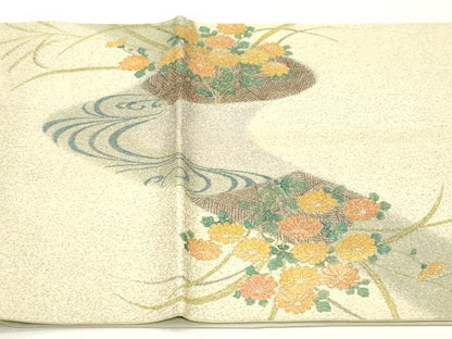平和屋着物●木版作家　井堂雅夫　太鼓柄袋帯　刺繍　籬流水草花文　引箔　正絹　逸品　DAAZ3088ob