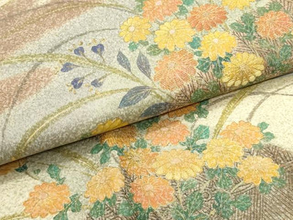 平和屋着物●木版作家　井堂雅夫　太鼓柄袋帯　刺繍　籬流水草花文　引箔　正絹　逸品　DAAZ3088ob