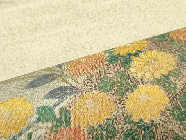 平和屋着物●木版作家　井堂雅夫　太鼓柄袋帯　刺繍　籬流水草花文　引箔　正絹　逸品　DAAZ3088ob