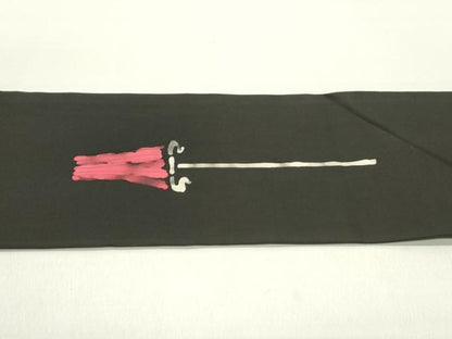 平和屋着物●塩瀬　九寸名古屋帯　作家者　ろうけつ染め　草花文　黒地　正絹　逸品　DAAZ3113ob