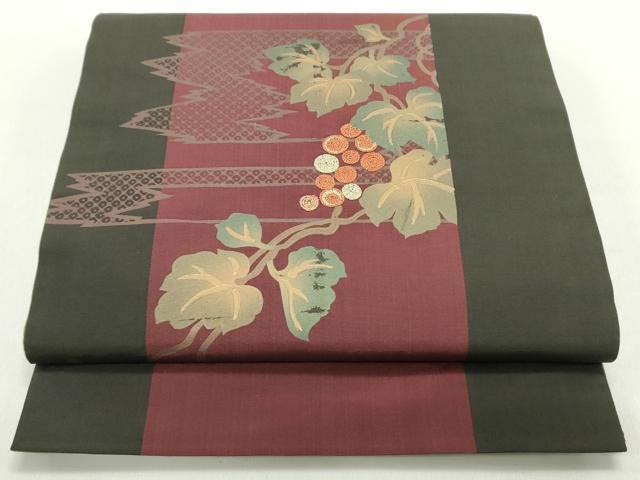 平和屋着物●太鼓柄袋帯 駒刺繍 葡萄蔦の葉文 黒地 金彩 正絹 逸品 DAAZ3119ob