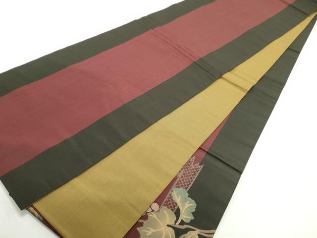 平和屋着物●太鼓柄袋帯 駒刺繍 葡萄蔦の葉文 黒地 金彩 正絹 逸品 DAAZ3119ob