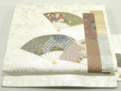 平和屋着物▼九寸名古屋帯　螺鈿箔　舞扇吉祥花文　金彩　引箔　正絹　逸品　DAAZ3120ob