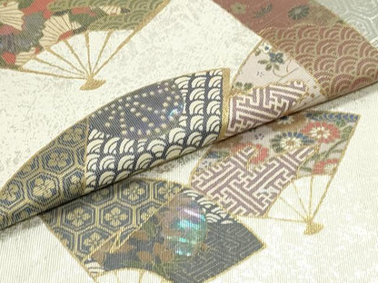 平和屋着物▼九寸名古屋帯　螺鈿箔　舞扇吉祥花文　金彩　引箔　正絹　逸品　DAAZ3120ob