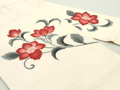 平和屋着物●塩瀬　九寸名古屋帯　手描き　花唐草文　正絹　逸品　DAAZ3121ob