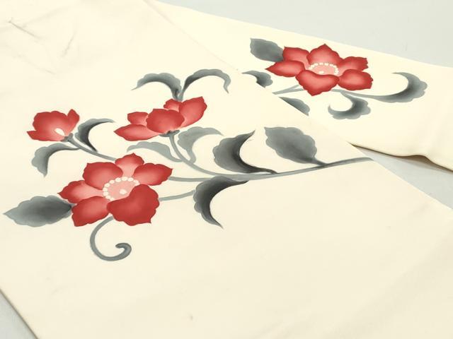 平和屋着物●塩瀬　九寸名古屋帯　手描き　花唐草文　正絹　逸品　DAAZ3121ob