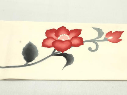 平和屋着物●塩瀬　九寸名古屋帯　手描き　花唐草文　正絹　逸品　DAAZ3121ob