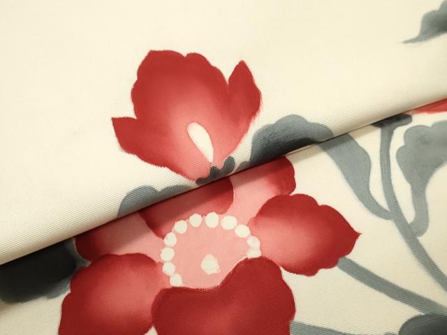 平和屋着物●塩瀬　九寸名古屋帯　手描き　花唐草文　正絹　逸品　DAAZ3121ob