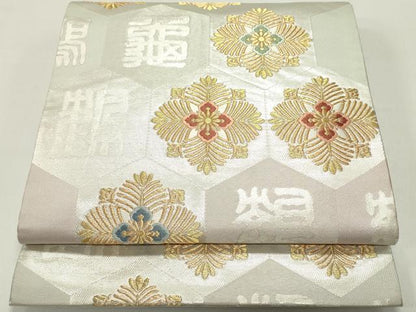 平和屋着物●六通柄袋帯　唐織　亀甲鶴亀文　金銀糸　正絹　逸品　DAAZ3145ob