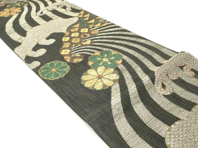 平和屋着物▽六通柄袋帯 スリーシーズン 春夏秋 立波花文 黒地 金銀糸 正絹 逸品 DAAZ3197ob