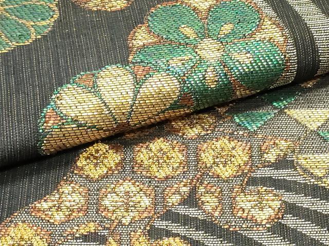 平和屋着物▽六通柄袋帯　スリーシーズン　春夏秋　立波花文　黒地　金銀糸　正絹　逸品　DAAZ3197ob 平和屋着物▽六通柄袋帯 スリーシーズン 春夏秋 立波花文