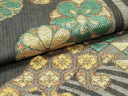 平和屋着物▽六通柄袋帯 スリーシーズン 春夏秋 立波花文 黒地 金銀糸 正絹 逸品 DAAZ3197ob