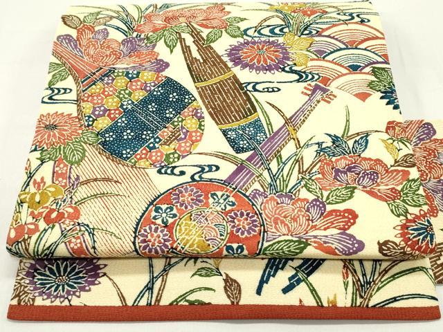 平和屋着物●九寸名古屋帯　唐織　型染め　楽器草花文　鬼しぼ縮緬　正絹　逸品　DAAZ3204ob