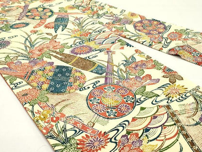 平和屋着物●九寸名古屋帯　唐織　型染め　楽器草花文　鬼しぼ縮緬　正絹　逸品　DAAZ3204ob