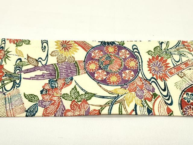 平和屋着物●九寸名古屋帯　唐織　型染め　楽器草花文　鬼しぼ縮緬　正絹　逸品　DAAZ3204ob