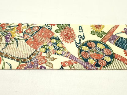 平和屋着物●九寸名古屋帯　唐織　型染め　楽器草花文　鬼しぼ縮緬　正絹　逸品　DAAZ3204ob