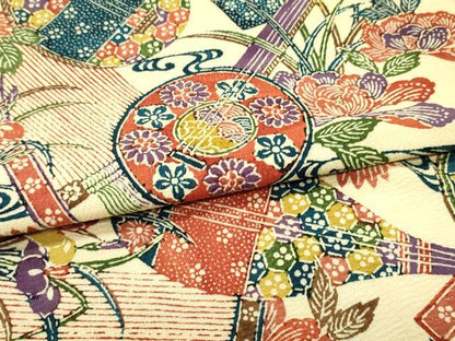平和屋着物●九寸名古屋帯　唐織　型染め　楽器草花文　鬼しぼ縮緬　正絹　逸品　DAAZ3204ob