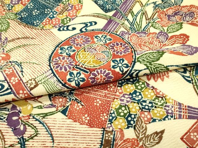 平和屋着物●九寸名古屋帯　唐織　型染め　楽器草花文　鬼しぼ縮緬　正絹　逸品　DAAZ3204ob