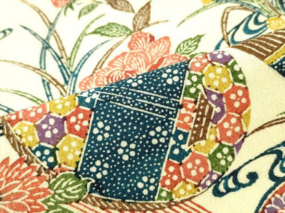平和屋着物●九寸名古屋帯　唐織　型染め　楽器草花文　鬼しぼ縮緬　正絹　逸品　DAAZ3204ob