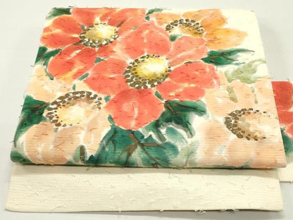 平和屋着物●九寸名古屋帯　手描き　髭紬　草花文　金彩　正絹　逸品　DAAZ3206ob