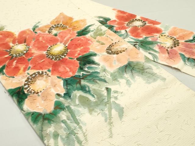 平和屋着物●九寸名古屋帯　手描き　髭紬　草花文　金彩　正絹　逸品　DAAZ3206ob
