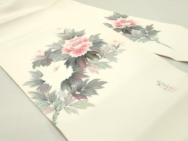 平和屋着物●内山晴祥　手描き　塩瀬　九寸名古屋帯　草花文　正絹　逸品　DAAZ3213ob