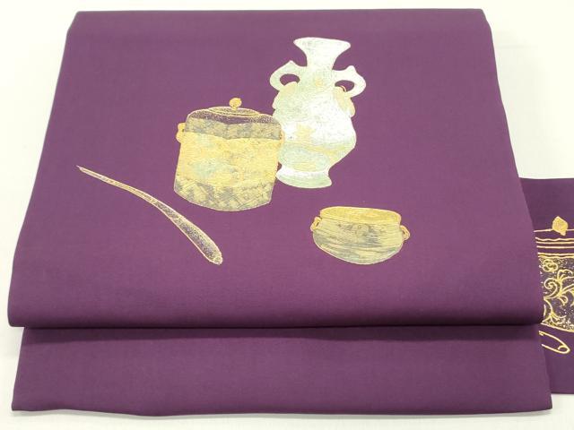 平和屋着物●塩瀬 九寸名古屋帯 作家物 陶器花唐草文 金銀彩 正絹 逸品 DAAZ3214ob