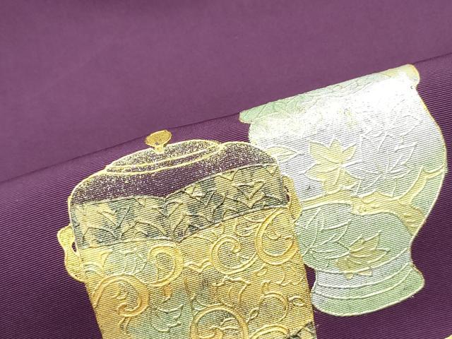 平和屋着物●塩瀬 九寸名古屋帯 作家物 陶器花唐草文 金銀彩 正絹 逸品 DAAZ3214ob