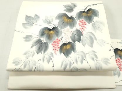 平和屋着物●塩瀬 九寸名古屋帯 作家物 手描き 葡萄蔦の葉文 金彩 正絹 逸品 DAAZ3217ob