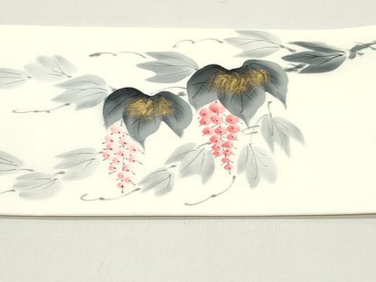 平和屋着物●塩瀬 九寸名古屋帯 作家物 手描き 葡萄蔦の葉文 金彩 正絹 逸品 DAAZ3217ob
