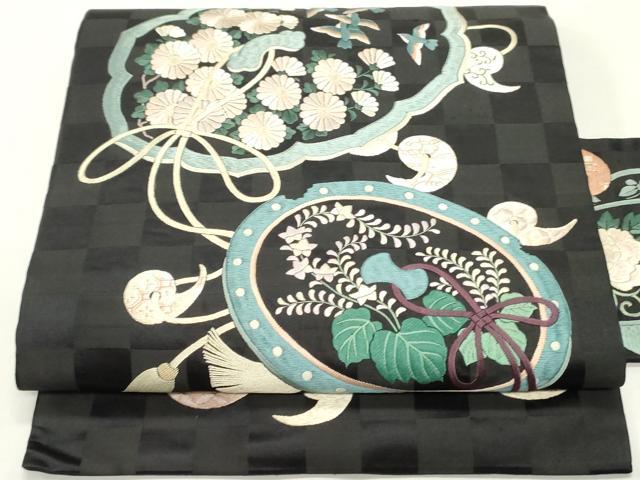 平和屋着物●アンティーク　大正ロマン　九寸名古屋帯　総刺繍　鏡裏花鳥文　黒地　正絹　逸品　DAAZ3228ob 平和屋着物○アンティーク 大正ロマン 九寸名古屋帯 総刺繍 鏡裏花鳥