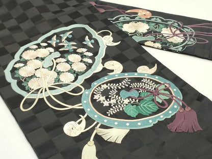 平和屋着物●アンティーク　大正ロマン　九寸名古屋帯　総刺繍　鏡裏花鳥文　黒地　正絹　逸品　DAAZ3228ob