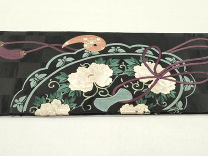 平和屋着物●アンティーク　大正ロマン　九寸名古屋帯　総刺繍　鏡裏花鳥文　黒地　正絹　逸品　DAAZ3228ob