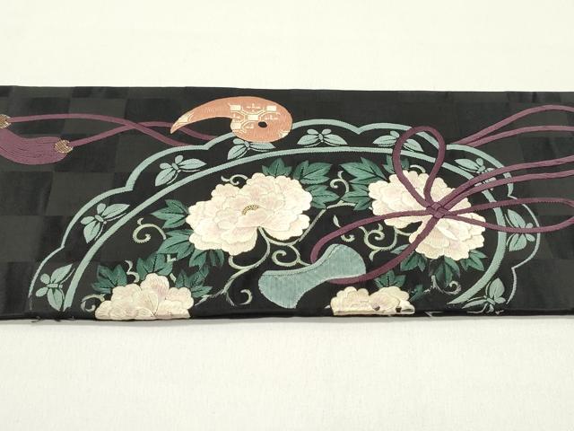 平和屋着物●アンティーク　大正ロマン　九寸名古屋帯　総刺繍　鏡裏花鳥文　黒地　正絹　逸品　DAAZ3228ob