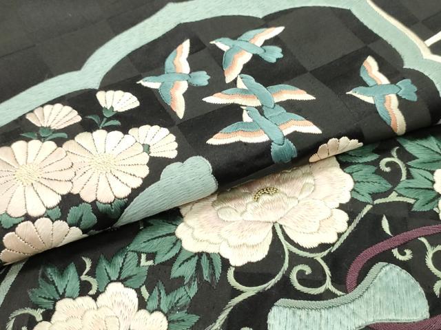 平和屋着物●アンティーク　大正ロマン　九寸名古屋帯　総刺繍　鏡裏花鳥文　黒地　正絹　逸品　DAAZ3228ob 平和屋着物○アンティーク 大正ロマン 九寸名古屋帯 総刺繍 鏡裏花鳥