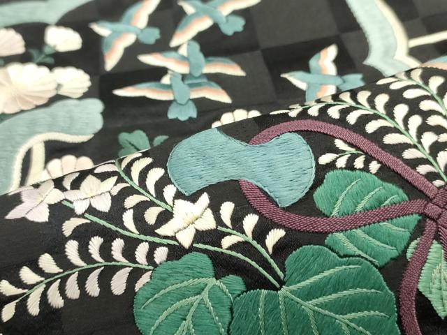 平和屋着物●アンティーク　大正ロマン　九寸名古屋帯　総刺繍　鏡裏花鳥文　黒地　正絹　逸品　DAAZ3228ob