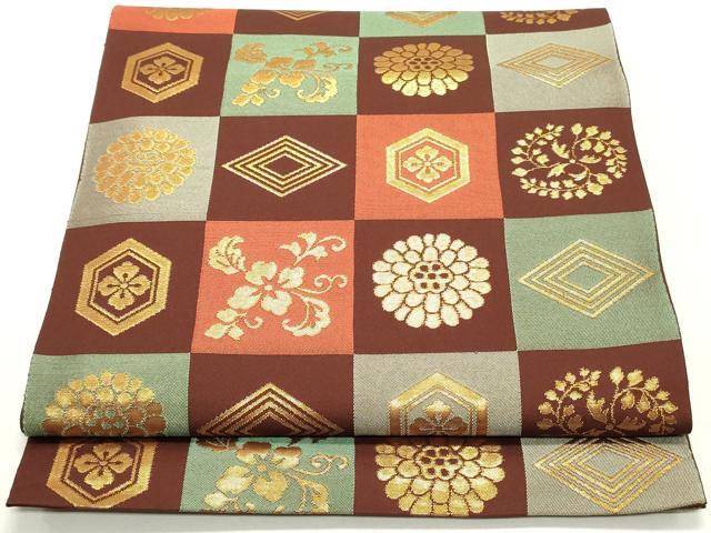 平和屋着物●六通柄 本袋帯 本聚織錦彩 市松草花文 金糸 正絹 逸品 DAAZ3236ob